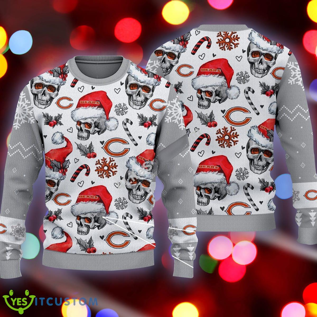Chicago Bears Logo Skull Candy Cane Pattern Grey Ugly Christmas 3D Sweater 3 Chicago Bears Logo Skull Candy Cane Pattern Grey Ugly Christmas 3D Sweater - Chicago Bears Logo Skull Candy Cane Pattern Grey Ugly Christmas 3D Sweater