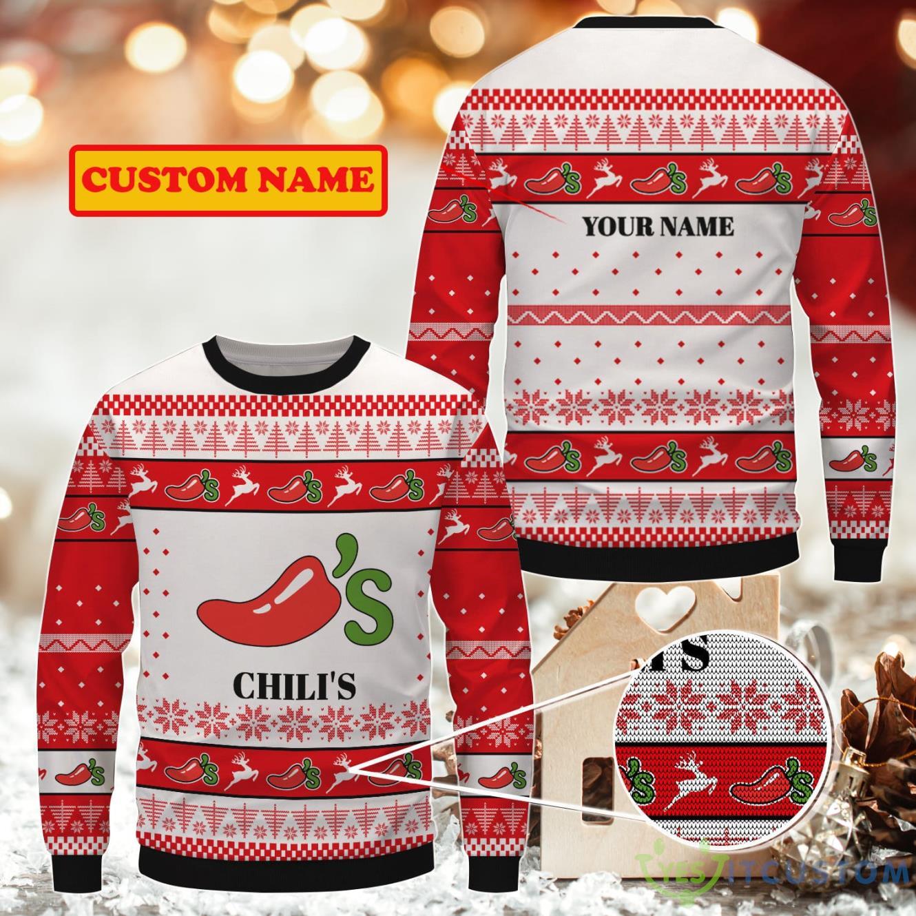 Chili's Ugly Christmas Sweater Custom Name 3 chilis ugly christmas sweater custom name