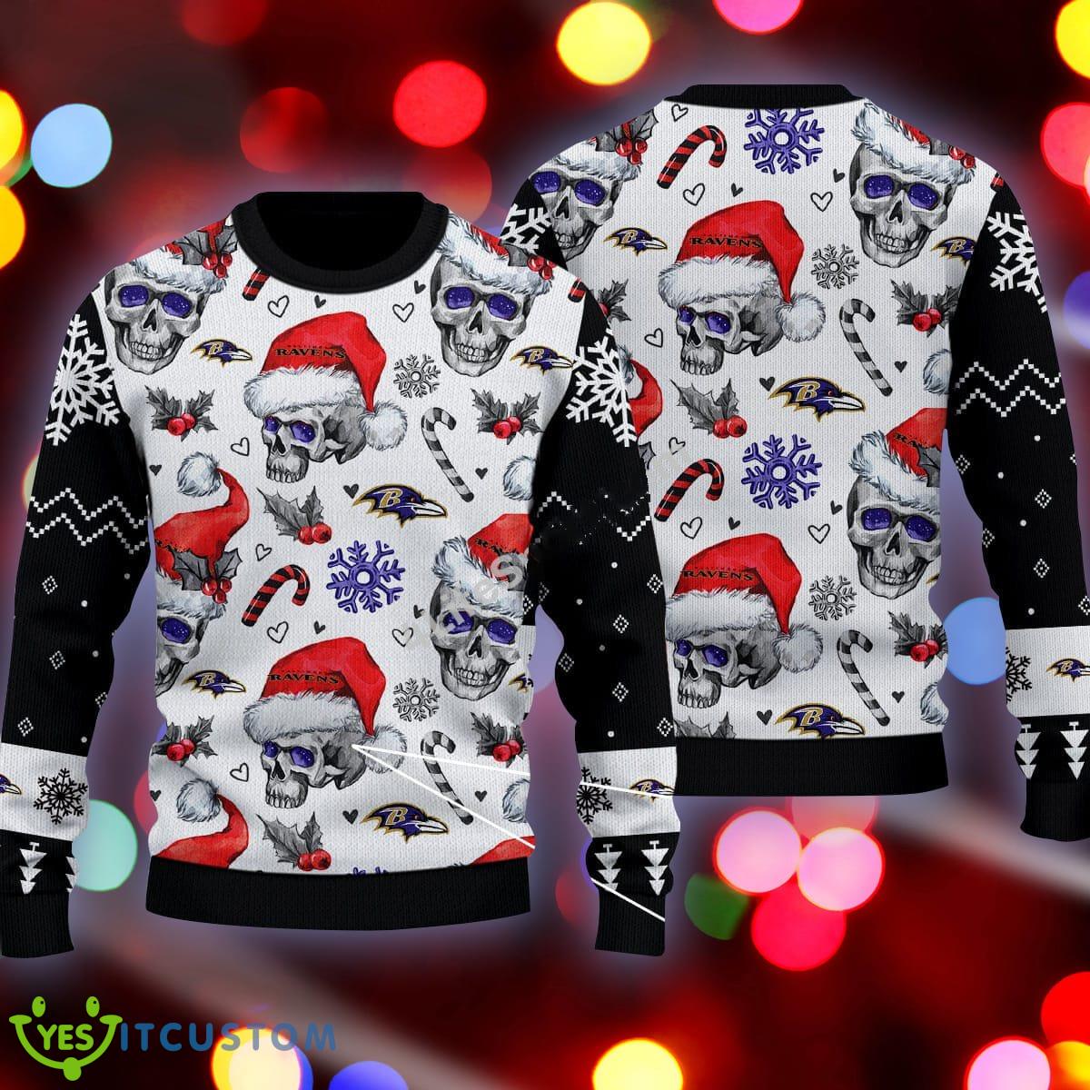 Christmas Baltimore Ravens Skull Pattern Candy Cane Black Knitted Sweater 3 Christmas Baltimore Ravens Skull Pattern Candy Cane Black Knitted Sweater - Christmas Baltimore Ravens Skull Pattern Candy Cane Black Knitted Sweater