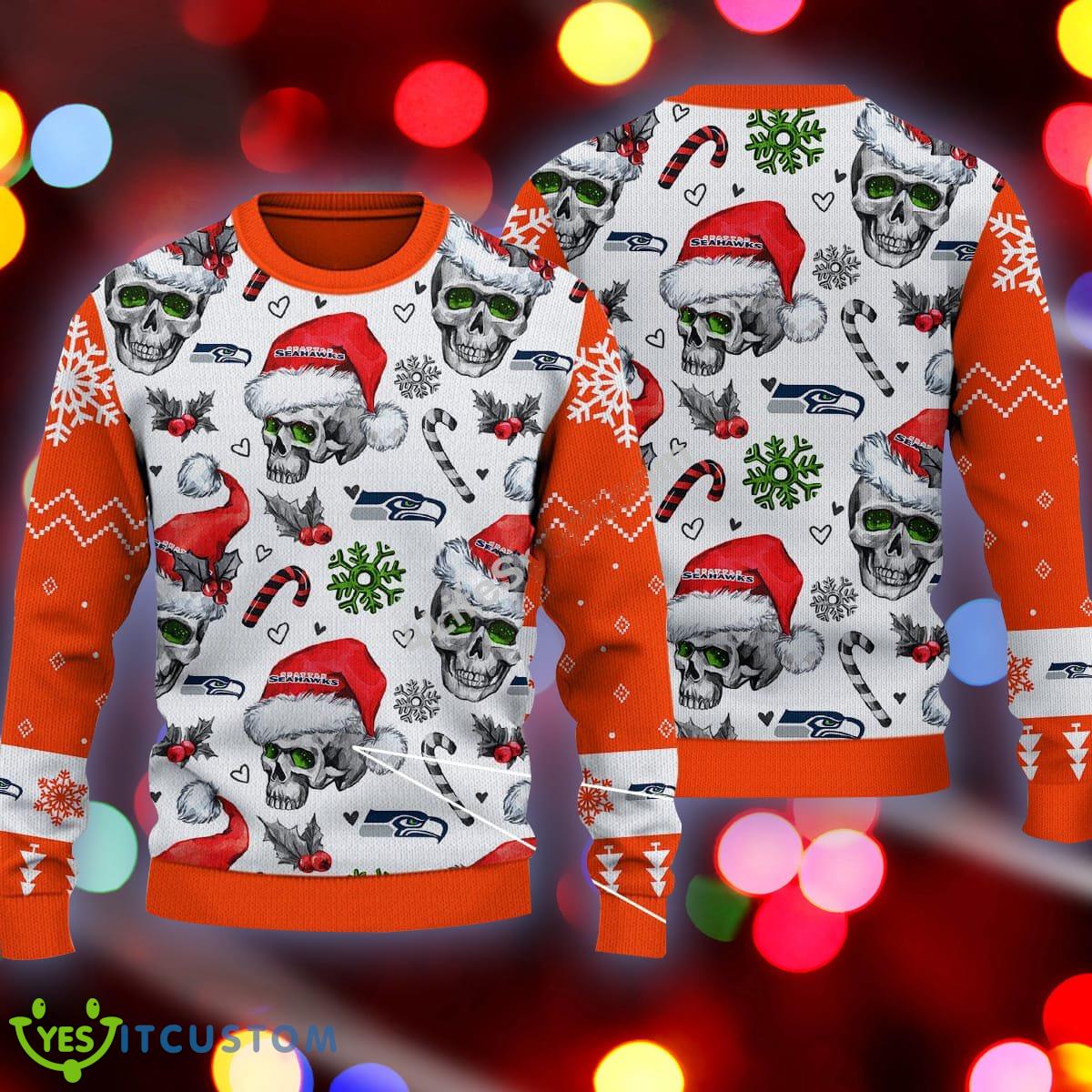 Christmas Seattle Seahawks Skull Pattern Candy Cane Orange Knitted Sweater AOP 3 Christmas Seattle Seahawks Skull Pattern Candy Cane Orange Knitted Sweater AOP - Christmas Seattle Seahawks Skull Pattern Candy Cane Orange Knitted Sweater AOP