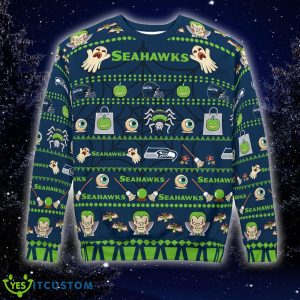 Christmas Seattle Seahawks Spooky Ghost Pumpkin Ugly 3D Sweater Gift Holidays - Seattle Seahawks Spooky Ghost Pumpkin Christmas Knitted Sweater Photo 2