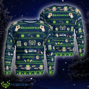 Christmas Seattle Seahawks Spooky Ghost Pumpkin Ugly 3D Sweater Gift Holidays - Seattle Seahawks Spooky Ghost Pumpkin Christmas Knitted Sweater Photo 1