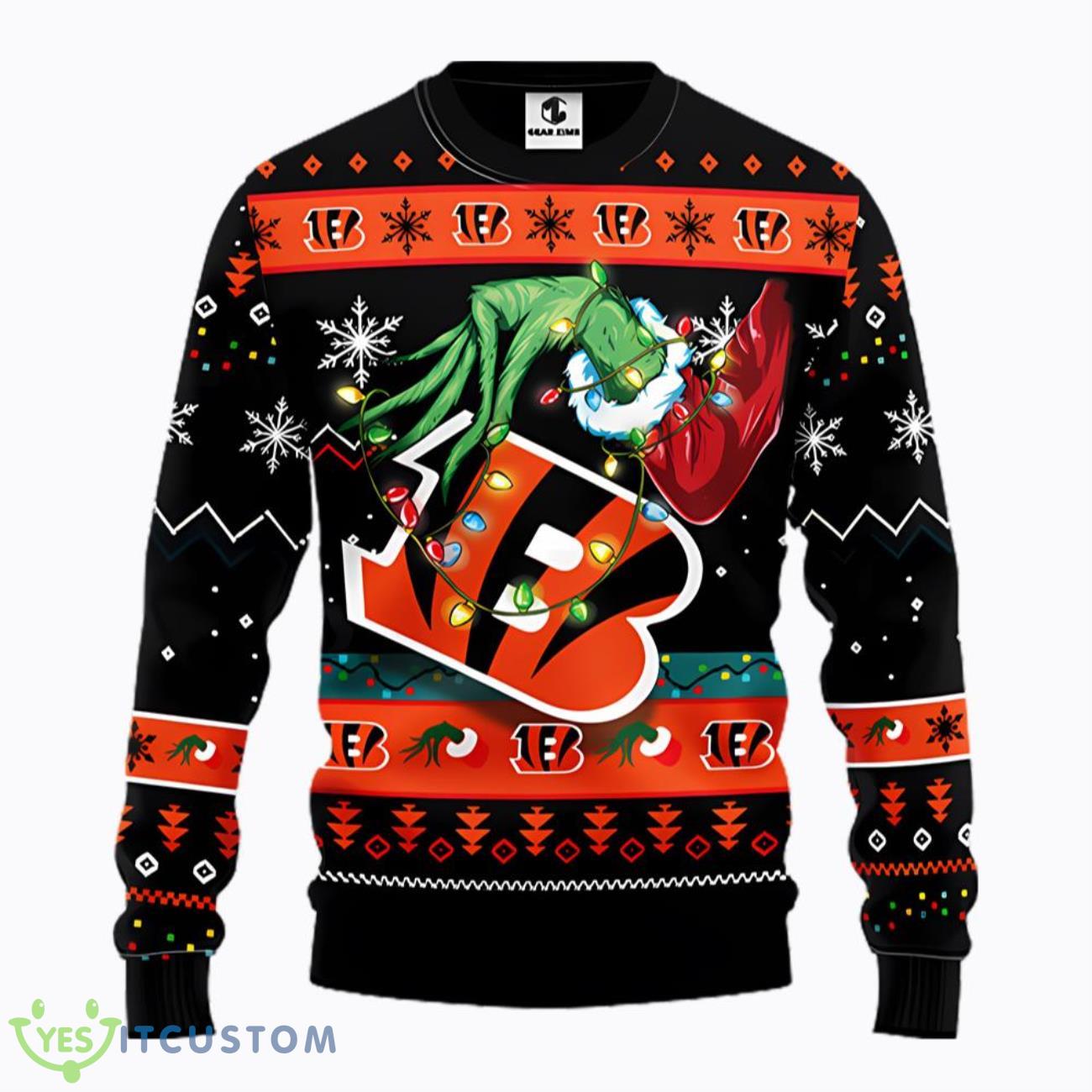 Cincinnati Bengals Grinch Christmas Light NFL Ugly Sweater 3 Cincinnati Bengals Grinch Christmas Light NFL Ugly Sweater Product Photo 1