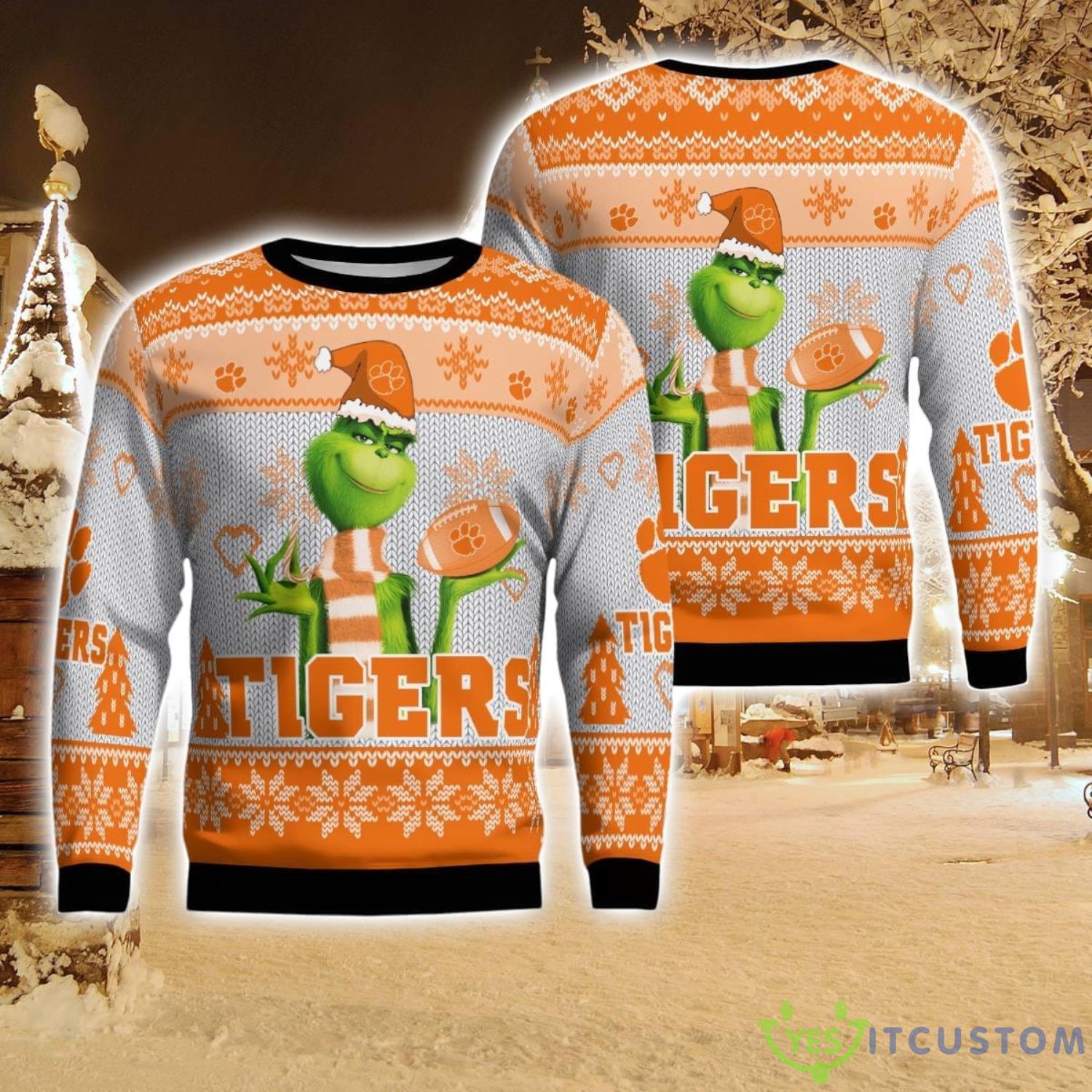 Clemson Tigers Grinch Snowflake Pattern Ugly Sweater Christmas 5 Clemson Tigers Grinch Snowflake Pattern Ugly Sweater Christmas Product Photo 1