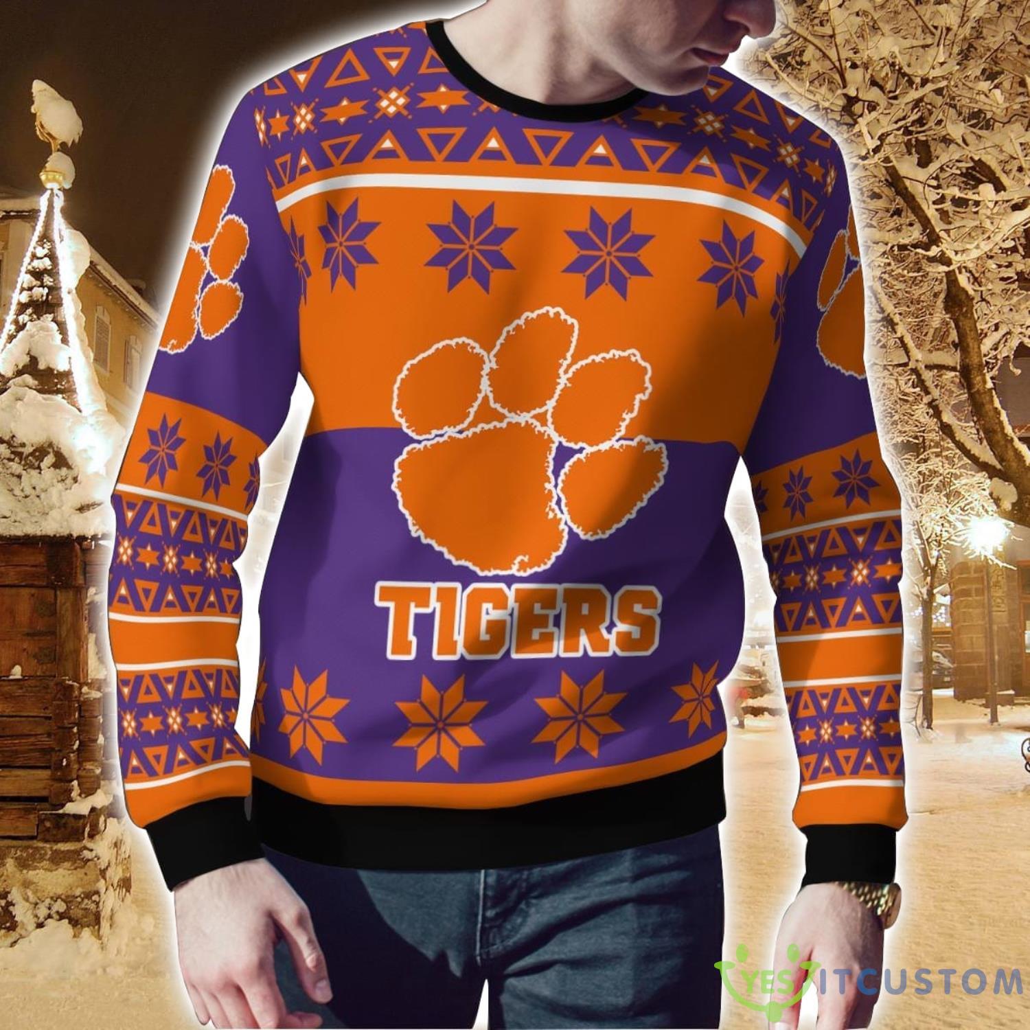 Clemson Tigers Logo Big Snowflake Pattern Ugly Christmas Sweater 6 Clemson Tigers Logo Big Snowflake Pattern Ugly Christmas Sweater Product Photo 2