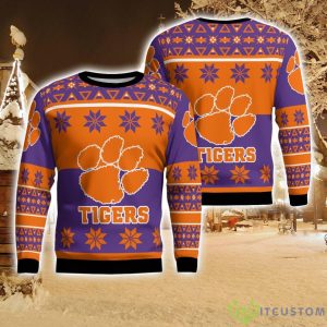 Clemson Tigers Logo Big Snowflake Pattern Ugly Christmas Sweater Product Photo 1