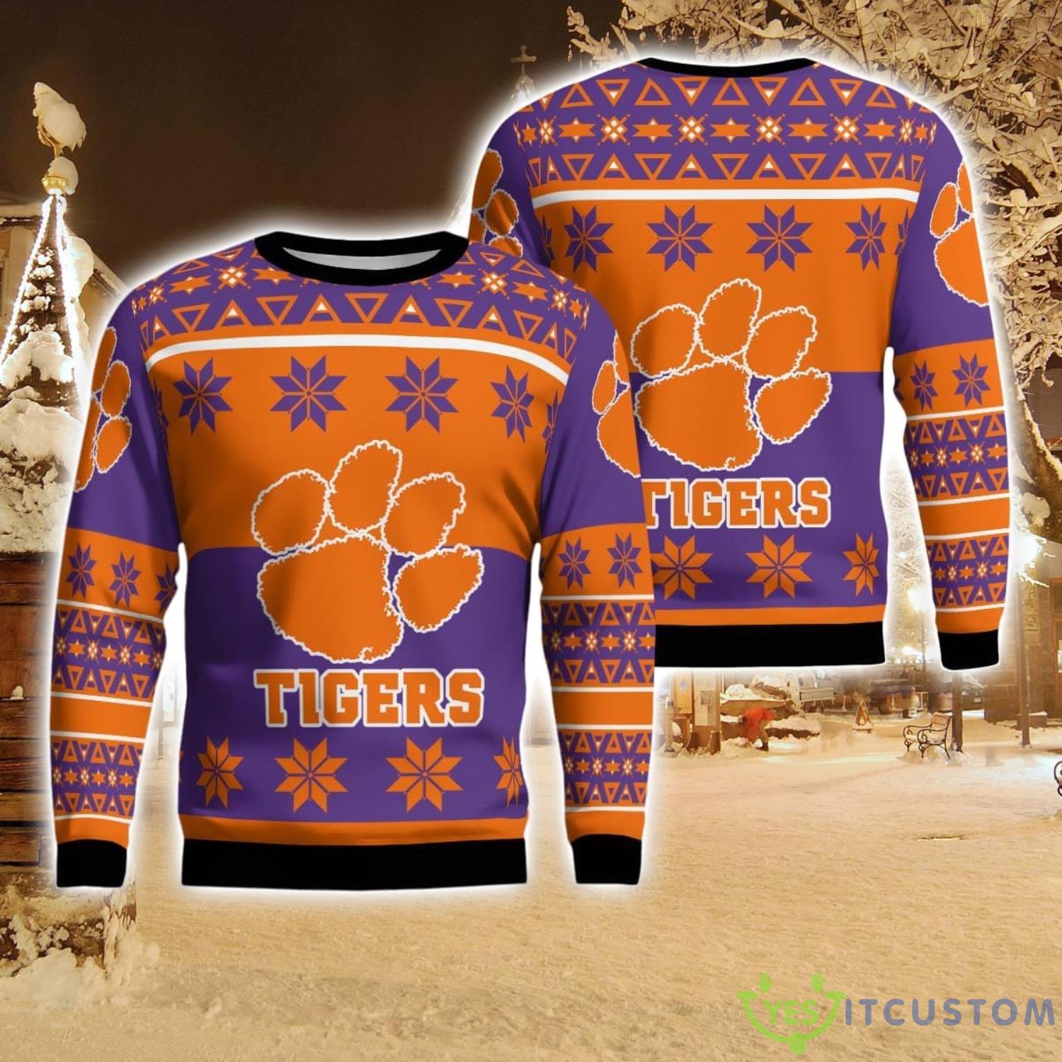 Clemson Tigers Logo Big Snowflake Pattern Ugly Christmas Sweater 5 Clemson Tigers Logo Big Snowflake Pattern Ugly Christmas Sweater Product Photo 1