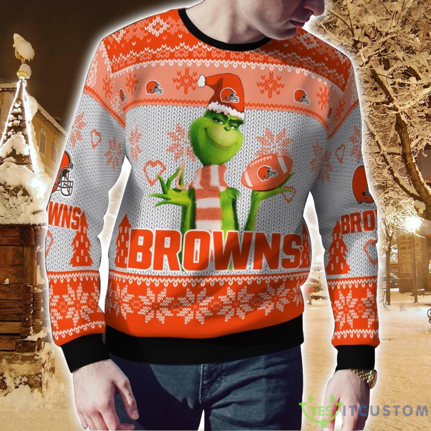 Cleveland Browns Grinch Snowflake Pattern Ugly Sweater Christmas 6 Cleveland Browns Grinch Snowflake Pattern Ugly Sweater Christmas Product Photo 2