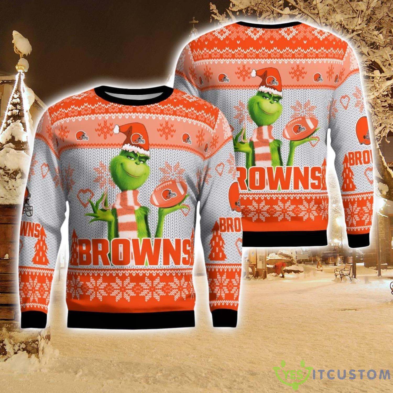 Cleveland Browns Grinch Snowflake Pattern Ugly Sweater Christmas 5 Cleveland Browns Grinch Snowflake Pattern Ugly Sweater Christmas Product Photo 1
