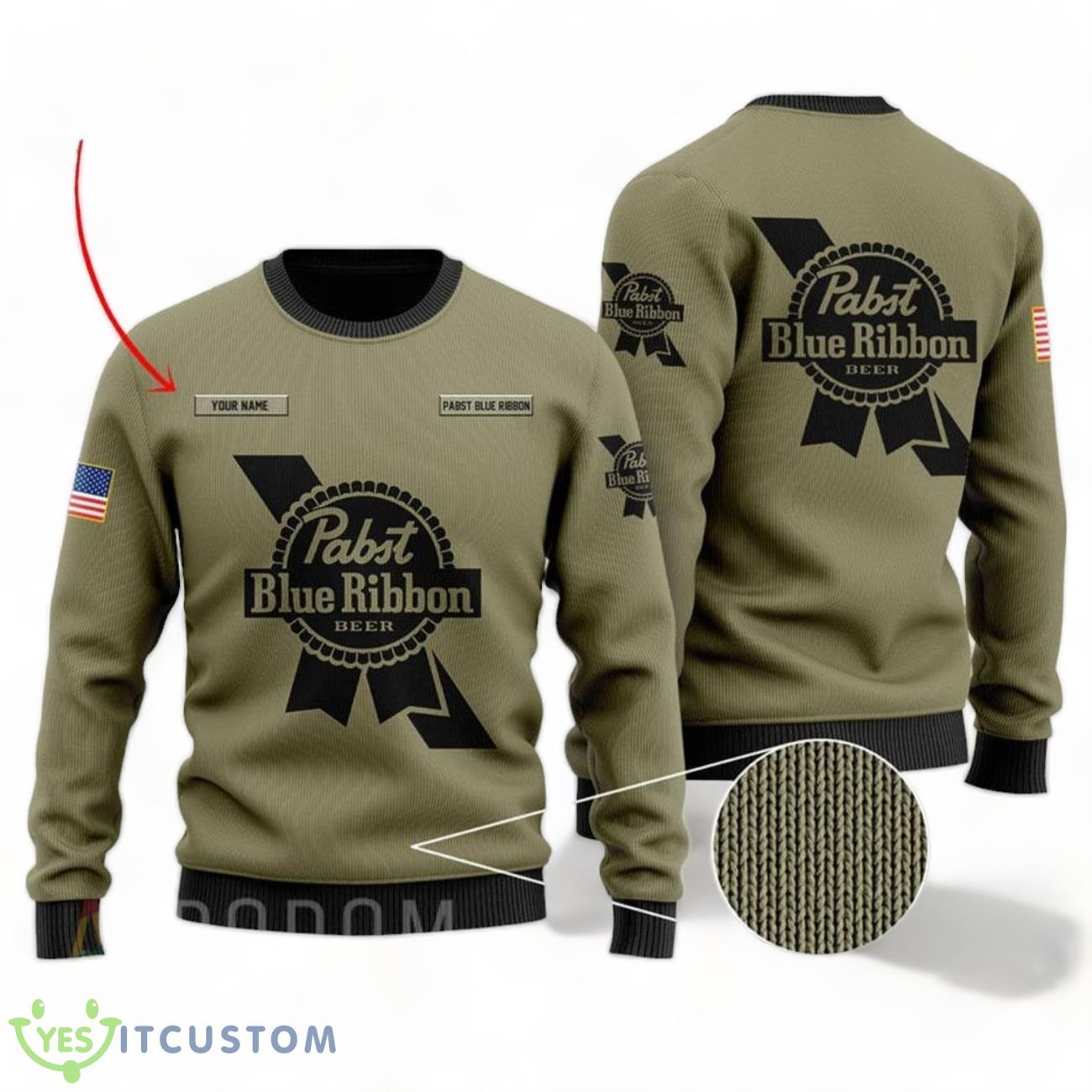 Custom Name Pabst Blue Ribbon U.S Flag Sweater 3 Custom Name Pabst Blue Ribbon U.S Flag Sweater Product Photo 1