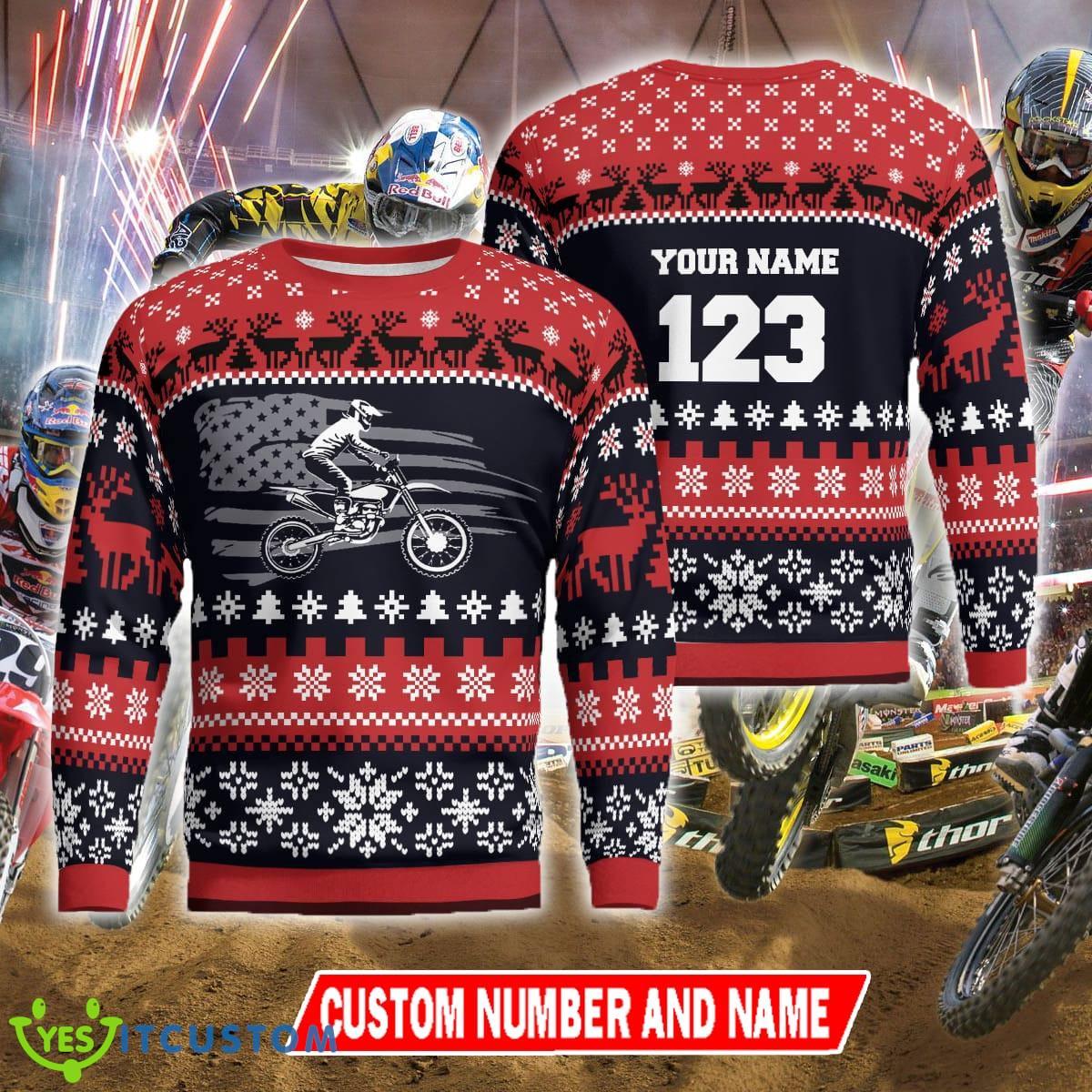 Custom Number And Name Christmas Motocross rider Freestyle Ugly Christmas Sweater Men Women 5 Custom Number And Name Christmas Motocross rider Freestyle Ugly Christmas Sweater Men Women - Christmas Motocross rider Ugly Christmas Sweater Photo 1