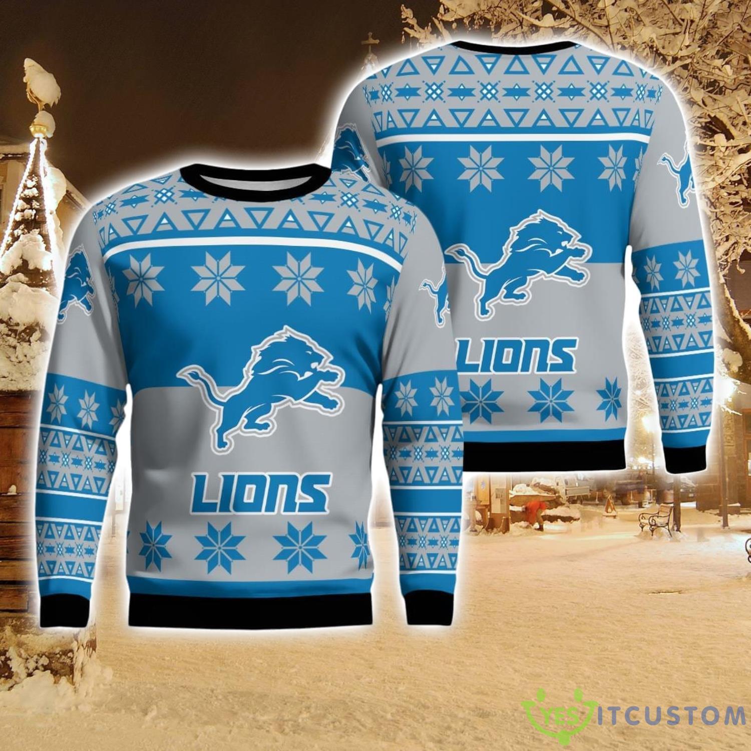 Detroit Lions Logo Big Snowflake Pattern Ugly Christmas Sweater 5 Detroit Lions Logo Big Snowflake Pattern Ugly Christmas Sweater Product Photo 1