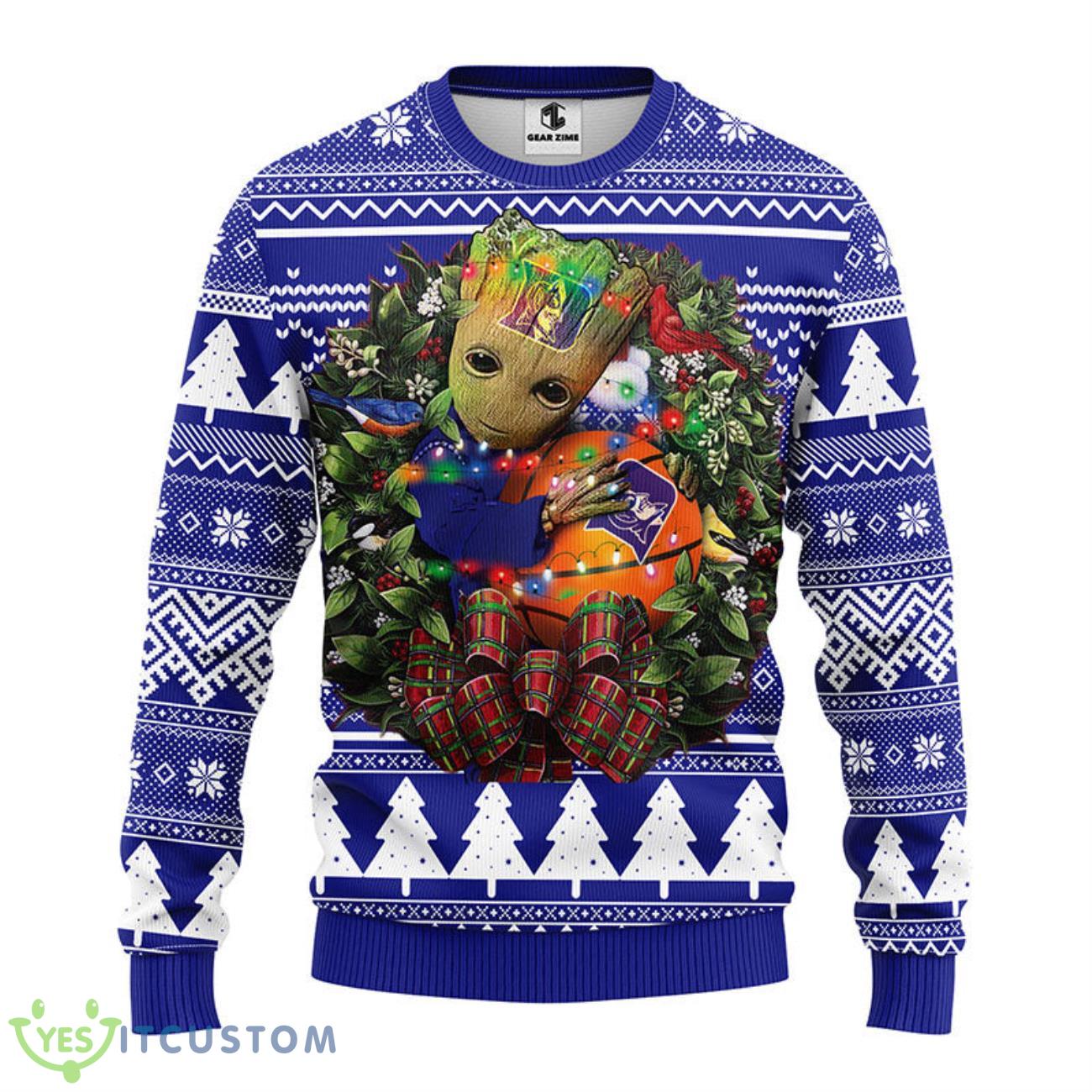 Duke Blue Devils Groot Hug Christmas Ugly Sweater 5 Duke Blue Devils Groot Hug Christmas Ugly Sweater Product Photo 1