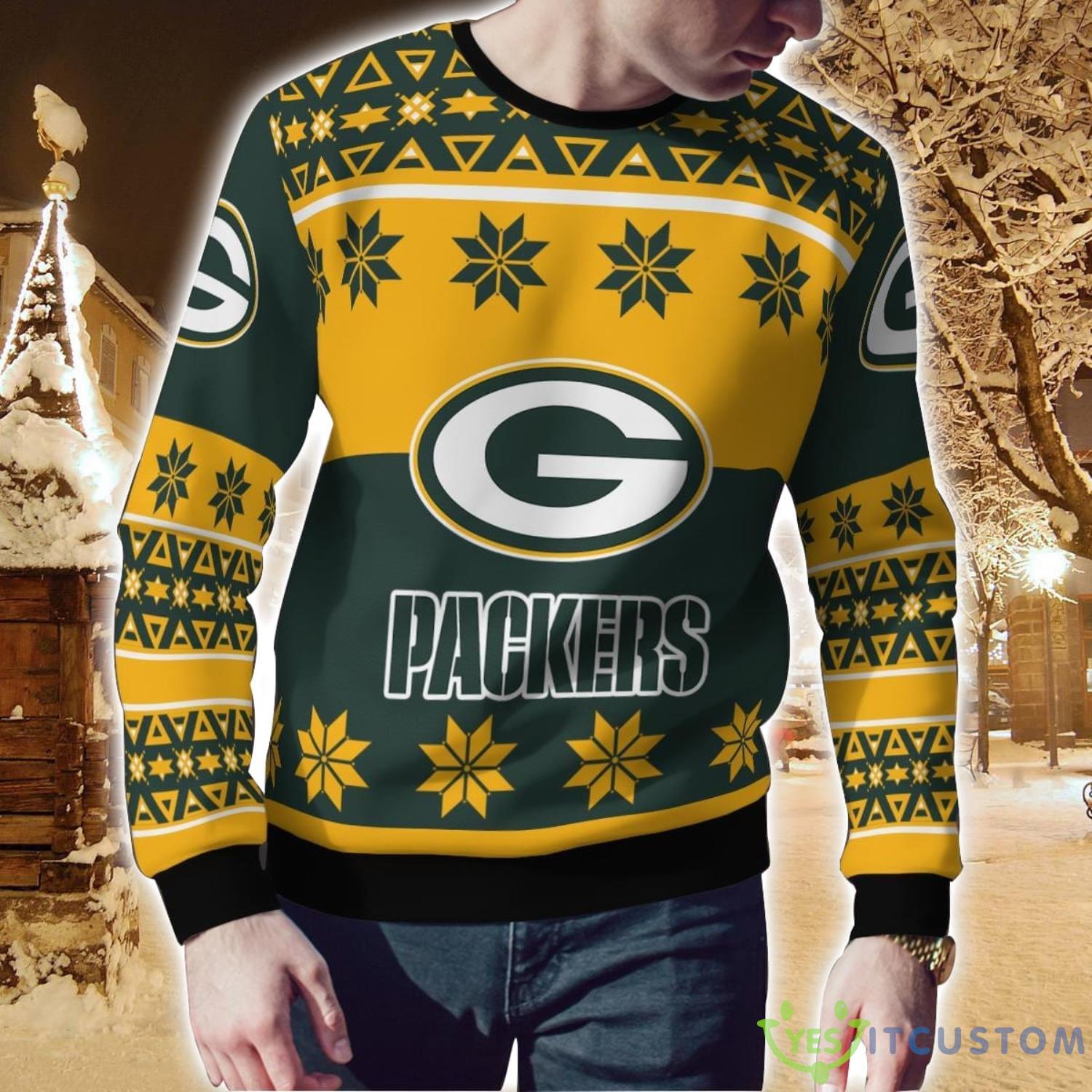 Green Bay Packers Logo Big Snowflake Pattern Ugly Christmas Sweater 6 Green Bay Packers Logo Big Snowflake Pattern Ugly Christmas Sweater Product Photo 2