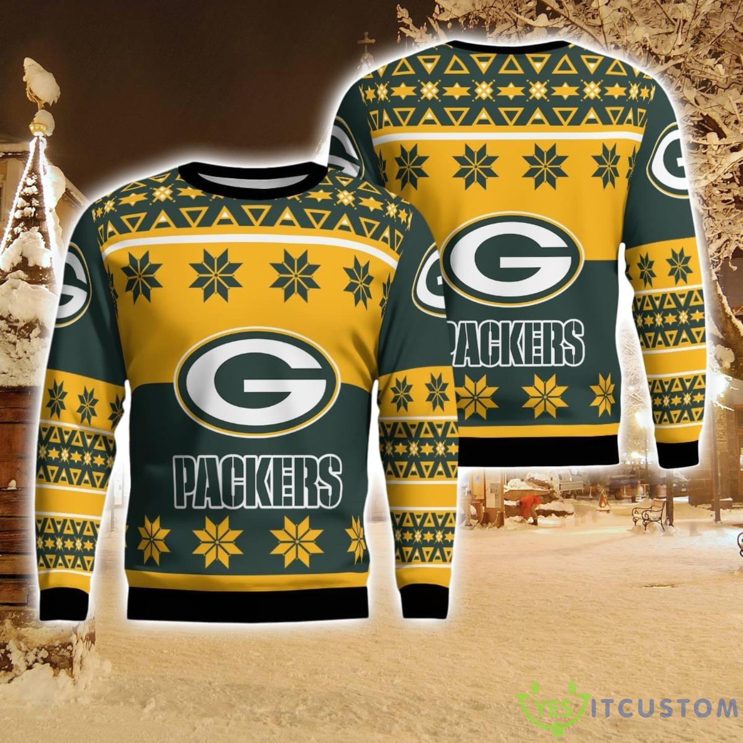 Green Bay Packers Logo Big Snowflake Pattern Ugly Christmas Sweater 5 Green Bay Packers Logo Big Snowflake Pattern Ugly Christmas Sweater Product Photo 1