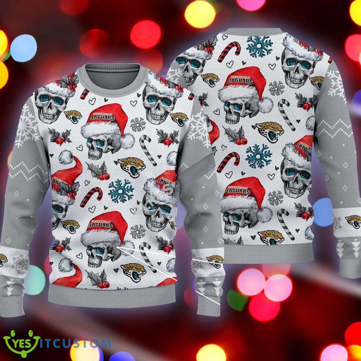 Jacksonville Jaguars Logo Skull Candy Cane Pattern Grey Ugly Christmas 3D Sweater 3 Jacksonville Jaguars Logo Skull Candy Cane Pattern Grey Ugly Christmas 3D Sweater - Jacksonville Jaguars Logo Skull Candy Cane Pattern Grey Ugly Christmas 3D Sweater