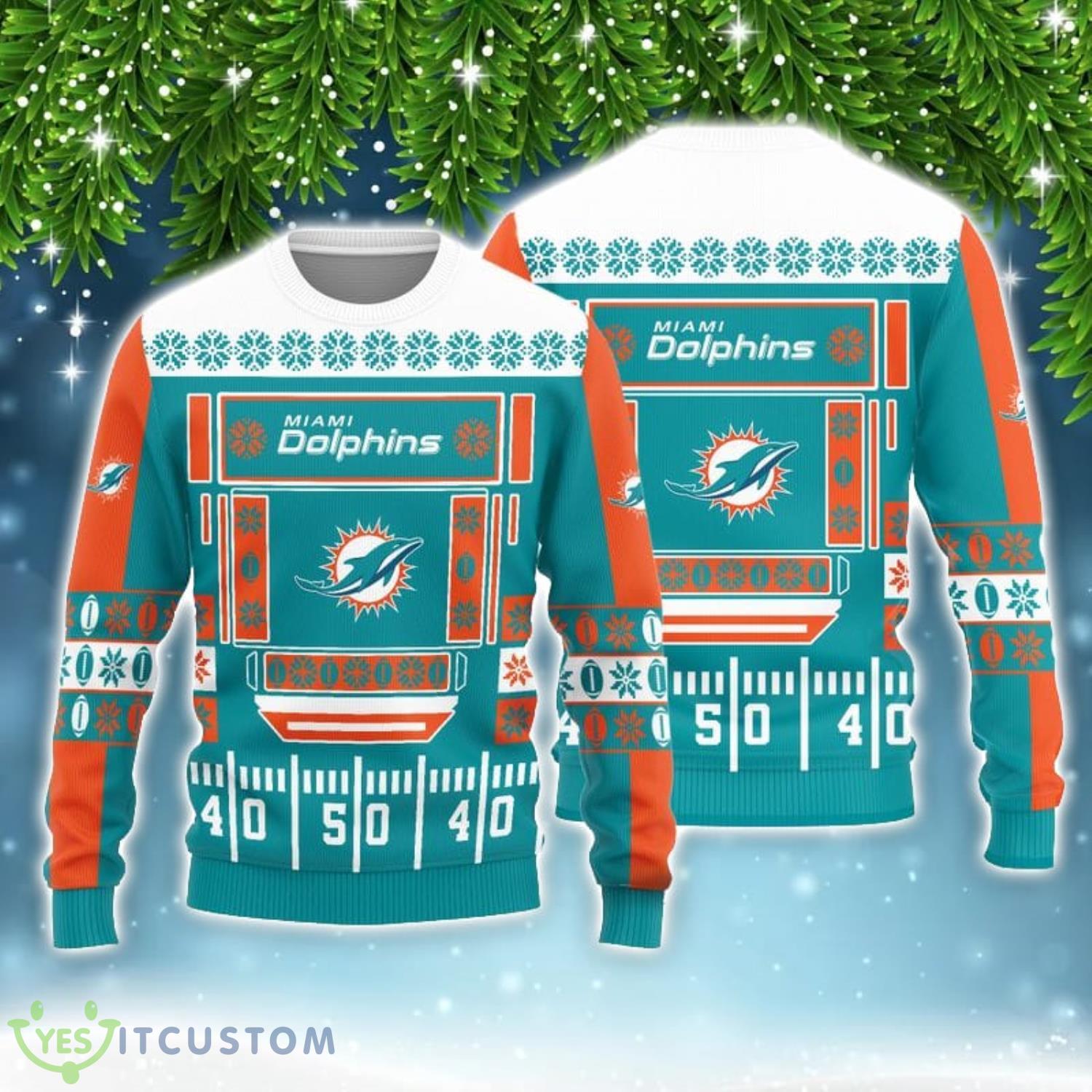 Miami Dolphins Christmas Ball Snowfalke Pattern 3D Sweater 3 Miami Dolphins Christmas Ball Snowfalke Pattern 3D Sweater Product Photo 1