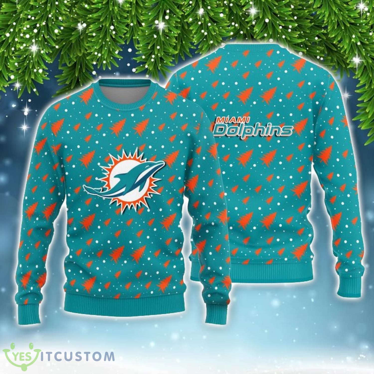 Miami Dolphins Christmas Pine Tree Patterns Ugly Christmas Sweater 3 Miami Dolphins Christmas Pine Tree Patterns Ugly Christmas Sweater Product Photo 1