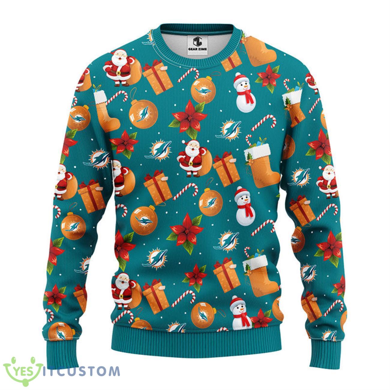 Miami Dolphins Santa Claus Snowman Christmas Ugly Sweater 5 Miami Dolphins Santa Claus Snowman Christmas Ugly Sweater Product Photo 1