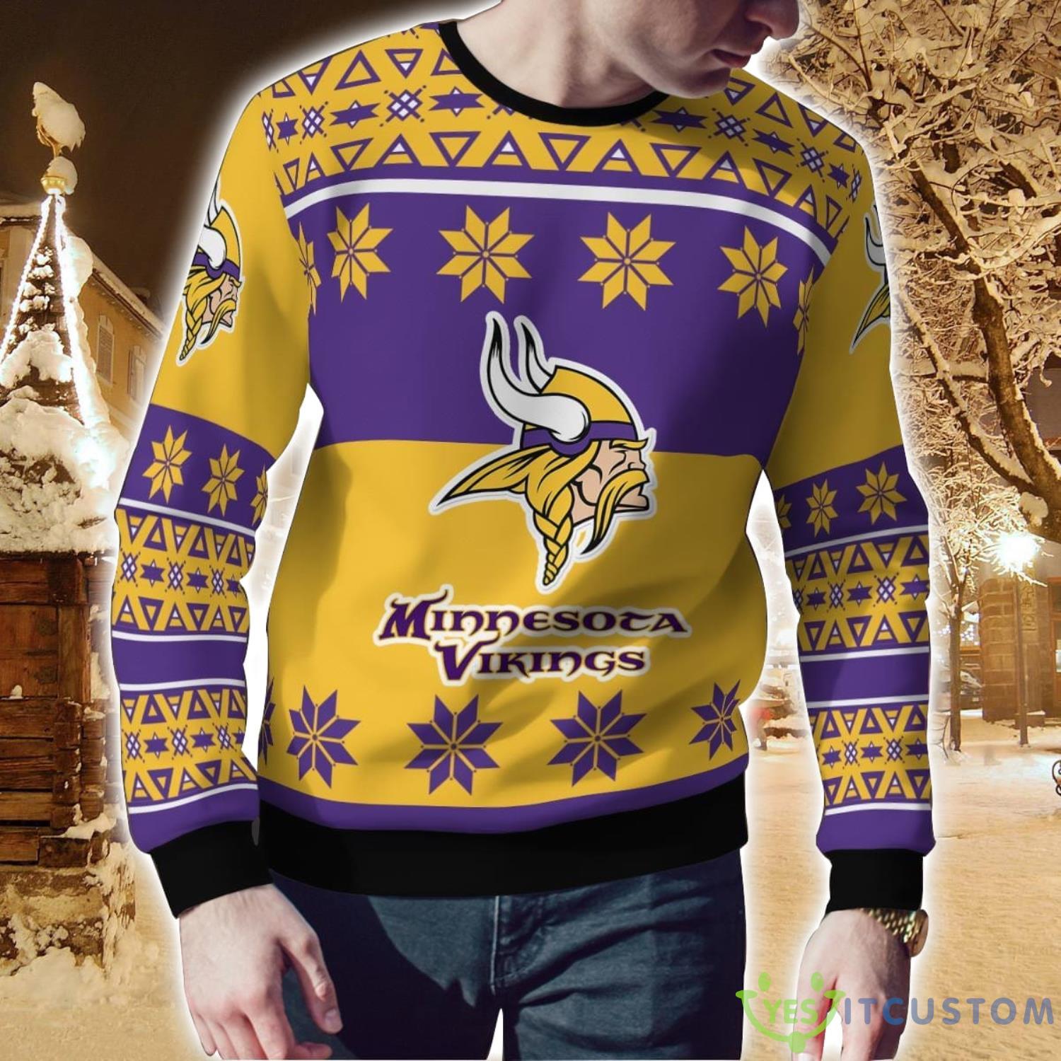 Minnesota Vikings Logo Big Snowflake Pattern Ugly Christmas Sweater 6 Minnesota Vikings Logo Big Snowflake Pattern Ugly Christmas Sweater Product Photo 2