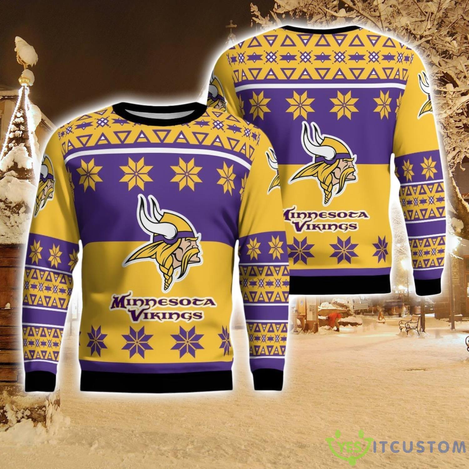 Minnesota Vikings Logo Big Snowflake Pattern Ugly Christmas Sweater 5 Minnesota Vikings Logo Big Snowflake Pattern Ugly Christmas Sweater Product Photo 1