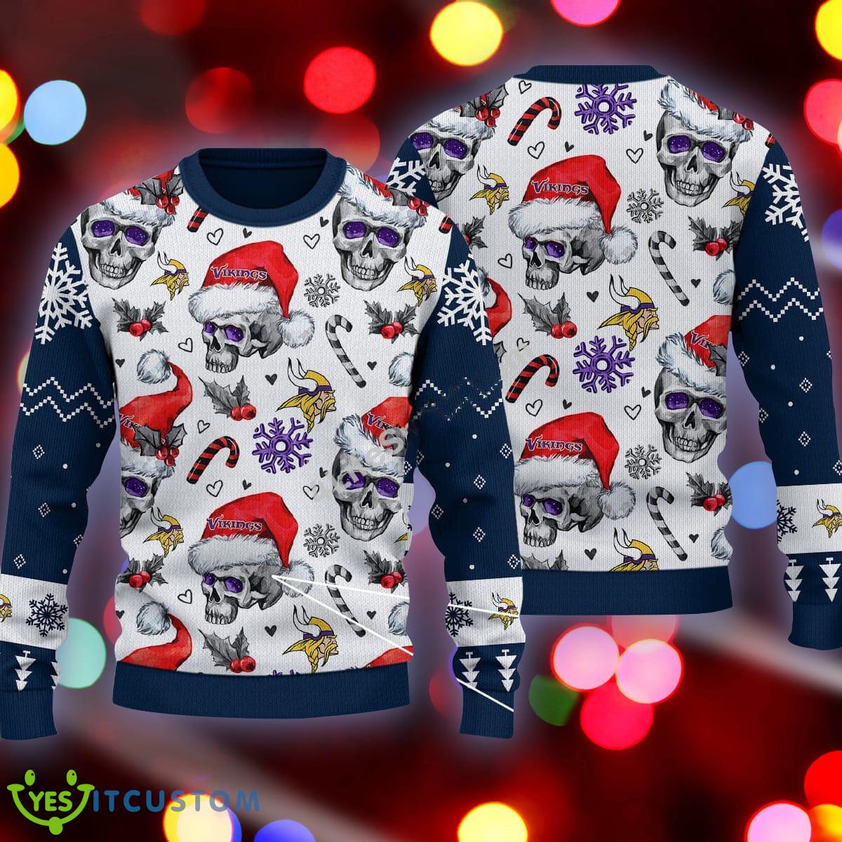 Minnesota Vikings Logo Skull Candy Cane Pattern Navy Knitted Christmas Sweater AOP 3 Minnesota Vikings Logo Skull Candy Cane Pattern Navy Knitted Christmas Sweater AOP - Minnesota Vikings Logo Skull Candy Cane Pattern Navy Knitted Christmas Sweater AOP