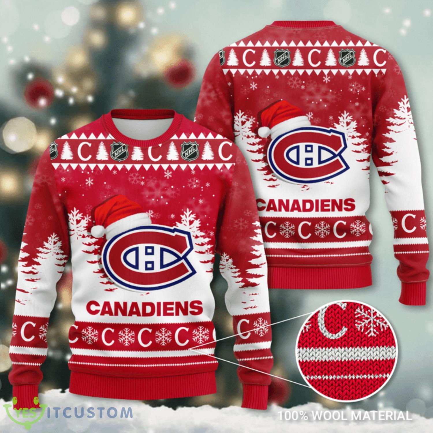 Montreal Canadiens Santa Hat Snowflake 3D Ugly Christmas Sweater Christmas Gift 3 Montreal Canadiens Santa Hat Snowflake 3D Ugly Christmas Sweater Christmas Gift Product Photo 1