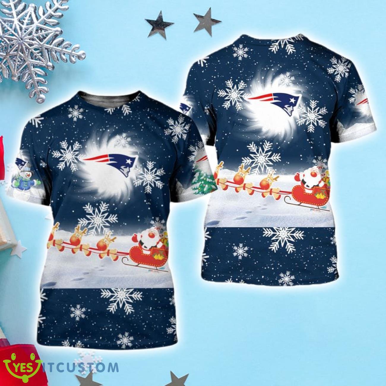 New England Patriots Snow Reindeer Santa Claus Christmas 3D Shirt 2 New England Patriots Snow Reindeer Santa Claus Christmas 3D Shirt Product Photo 1