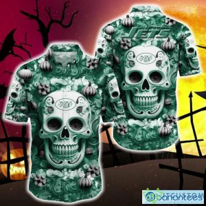New York Jets Halloween Pumpkin Skull 3D Hawaiian Shirt For Fans Gift Christmas Men And Women - New York Jets Halloween Season Aloha Shirt, New Arrivals_1