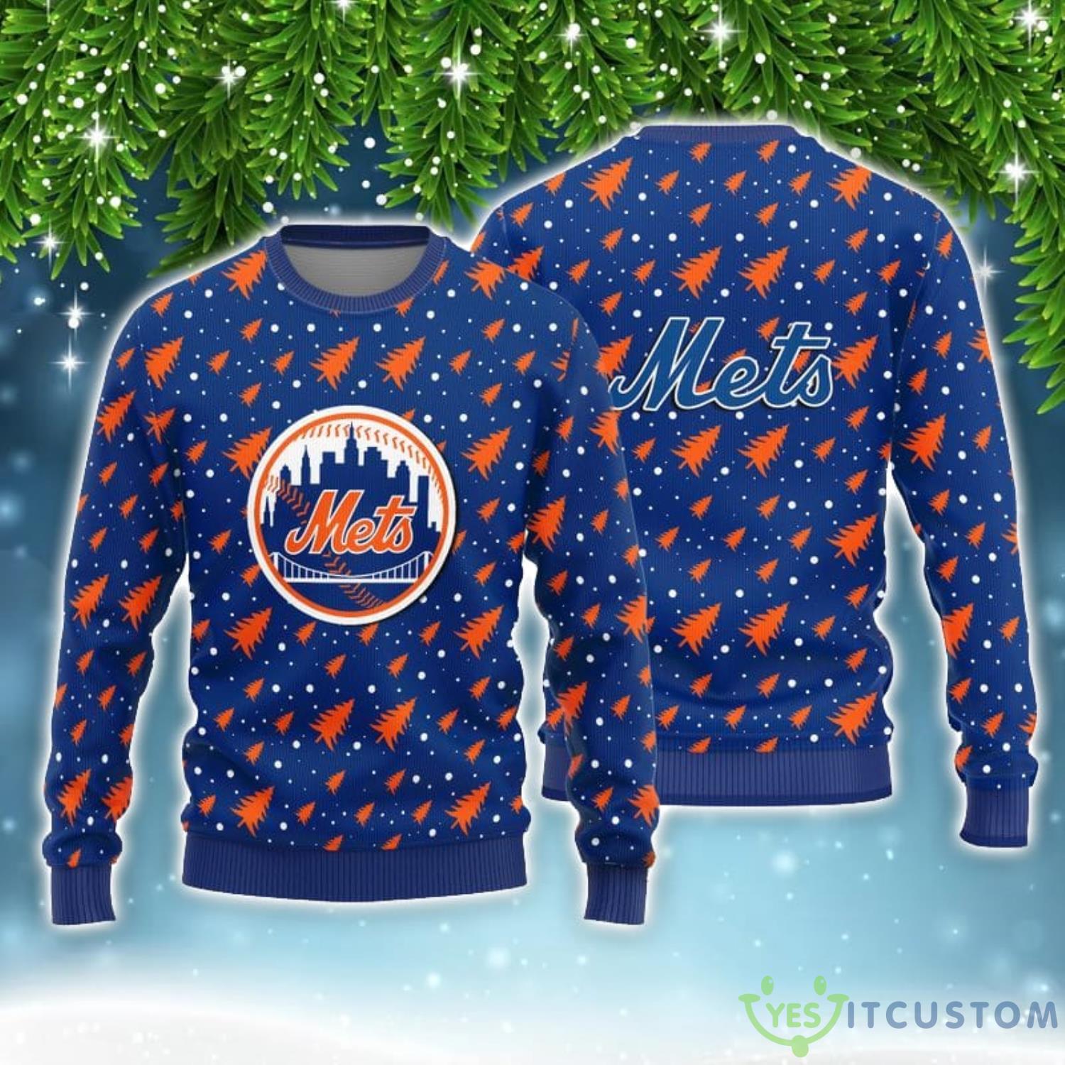 New York Mets Christmas Pine Tree Patterns Ugly Christmas Sweater 3 New York Mets Christmas Pine Tree Patterns Ugly Christmas Sweater Product Photo 1