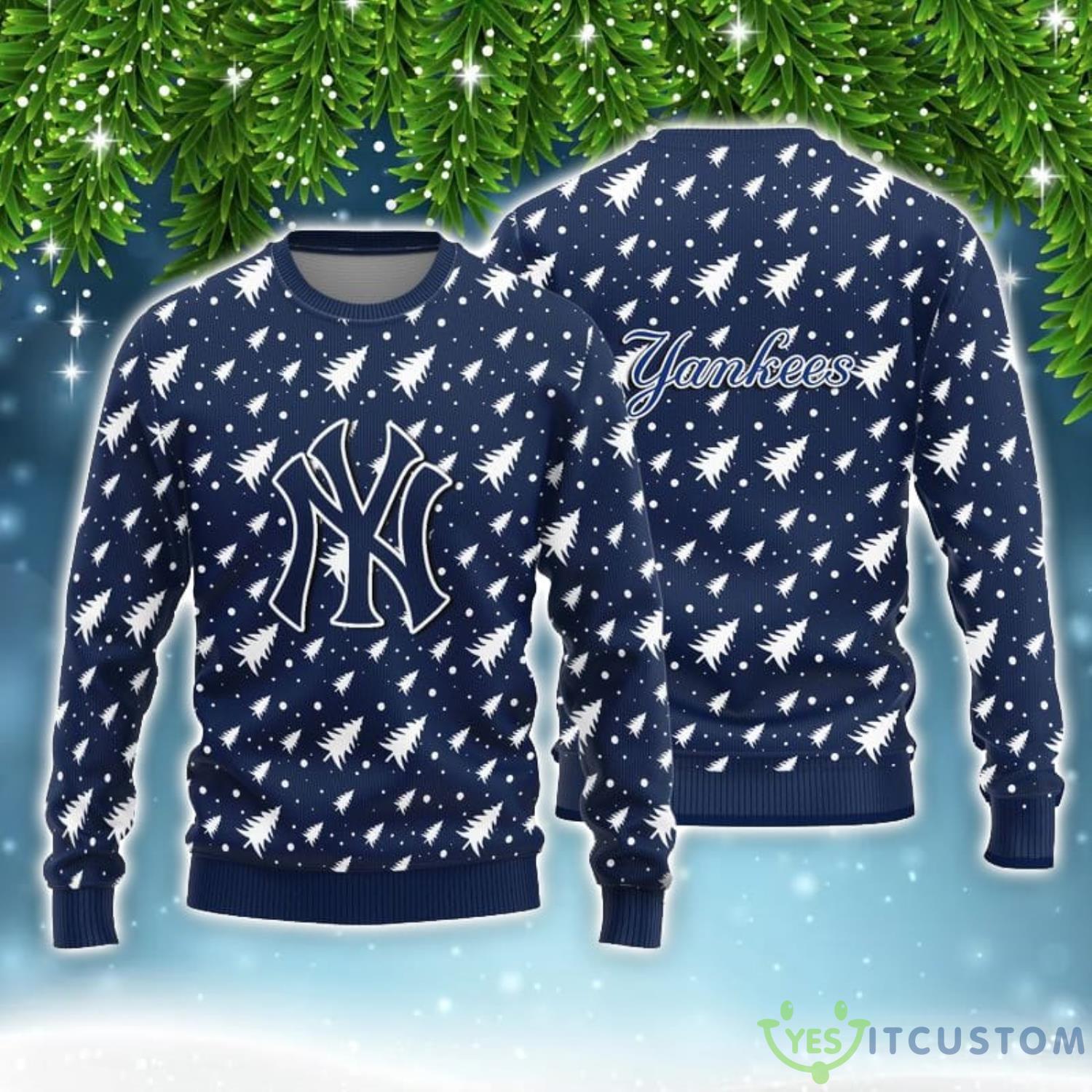 New York Yankees Christmas Pine Tree Patterns Ugly Christmas Sweater 3 New York Yankees Christmas Pine Tree Patterns Ugly Christmas Sweater Product Photo 1