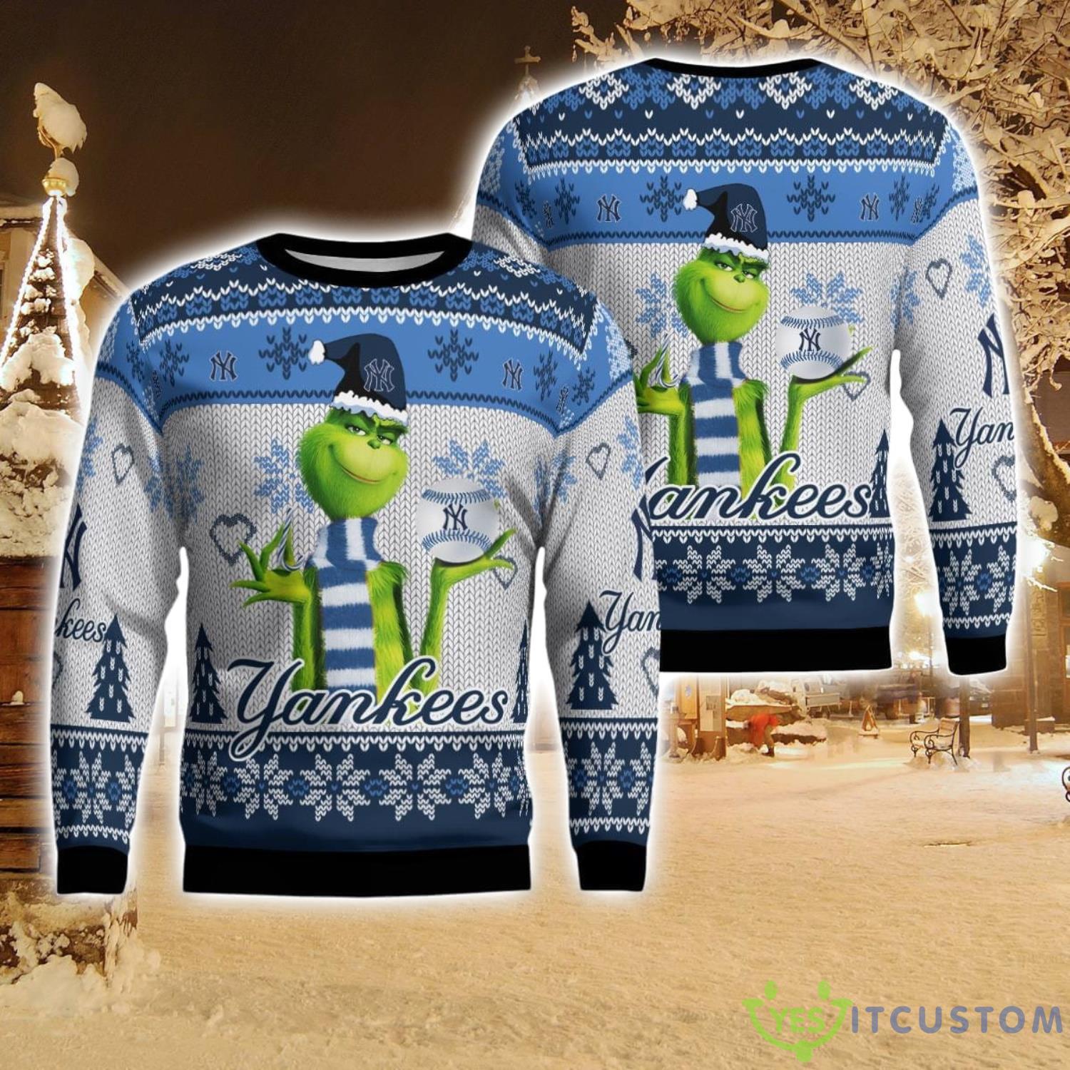 New York Yankees Grinch Snowflake Pattern Ugly Sweater Christmas 5 New York Yankees Grinch Snowflake Pattern Ugly Sweater Christmas Product Photo 1