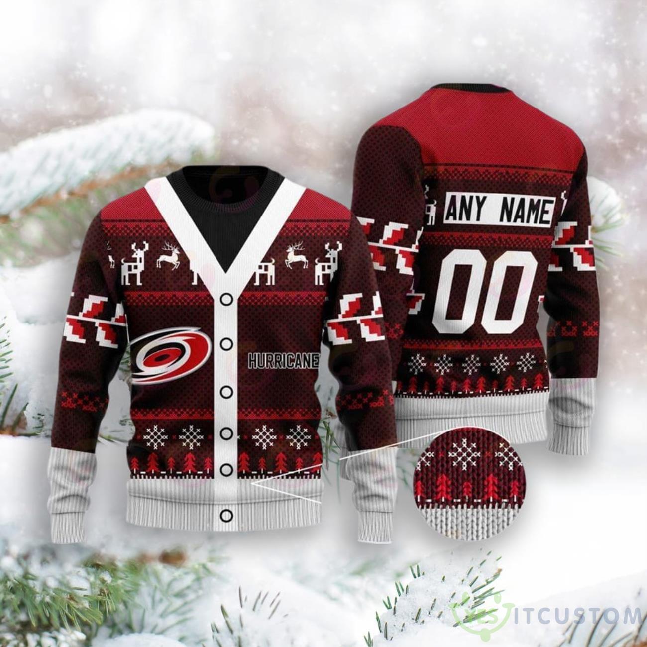 NHL Carolina Hurricanes Custom Number And Name Ugly Christmas Sweater For Fans 3 NHL Carolina Hurricanes Custom Number And Name Ugly Christmas Sweater For Fans Product Photo 1