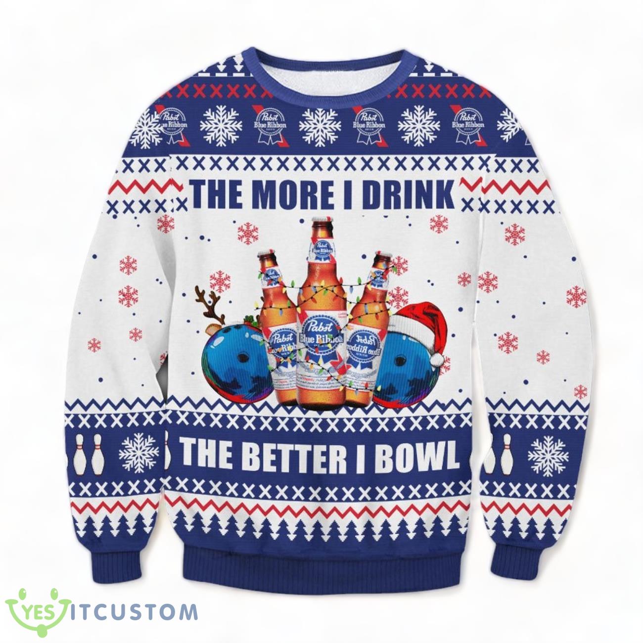 Pabst Blue Ribbon Bowling Ugly Sweater 3 Pabst Blue Ribbon Bowling Ugly Sweater Product Photo 1