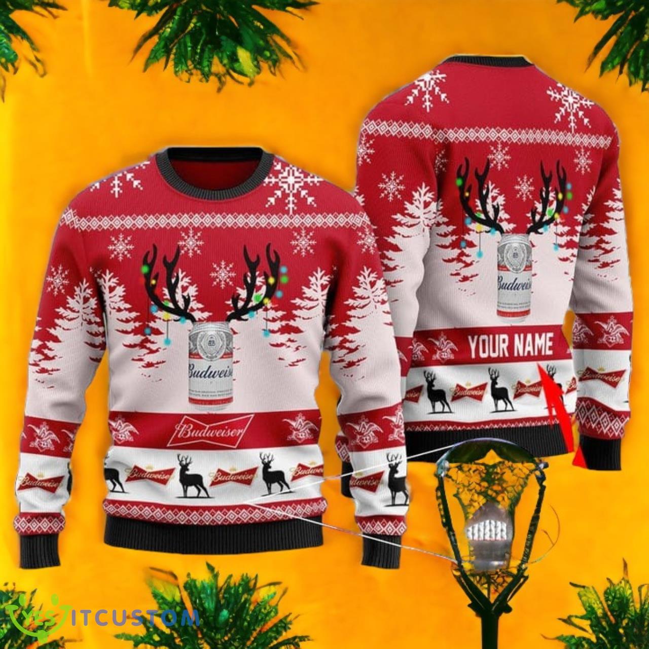 Personalized Budweiser Ugly Christmas Sweater 3 Personalized Budweiser Ugly Christmas Sweater Product Photo 1