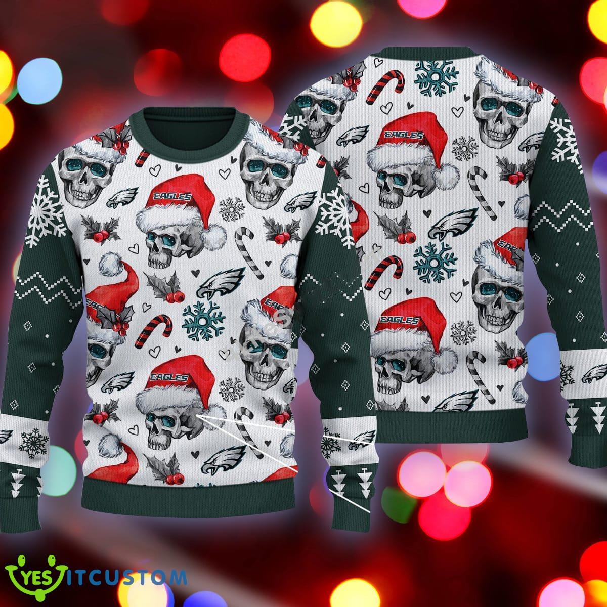 Philadelphia Eagles Logo Skull Candy Cane Pattern Green Knitted Christmas Sweater AOP 3 Philadelphia Eagles Logo Skull Candy Cane Pattern Green Knitted Christmas Sweater AOP - Philadelphia Eagles Logo Skull Candy Cane Pattern Green Knitted Christmas Sweater AOP