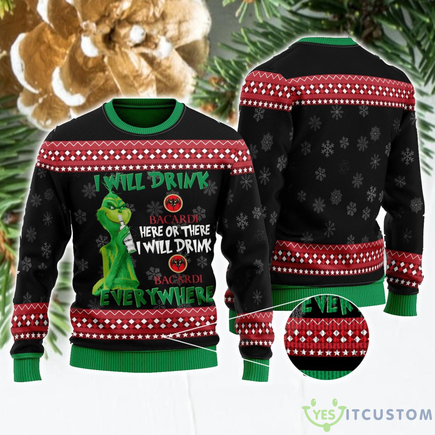 The Grinch I Will Drink Here Or There I Will Drink Bacardi Everywhere Ugly Christmas Sweater Christmas Gift For Grinch Lover 3 The Grinch I Will Drink Here Or There I Will Drink Bacardi Everywhere Ugly Christmas Sweater Christmas Gift For Grinch Lover Product Photo 1