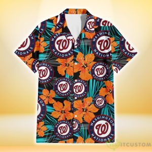 Washington Nationals Orange Hibiscus Blue Gray Leaf Black Background 3D Hawaiian Shirt Gift For Fans Product Photo 2