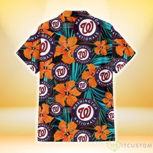 Washington Nationals Orange Hibiscus Blue Gray Leaf Black Background 3D Hawaiian Shirt Gift For Fans Product Photo 3