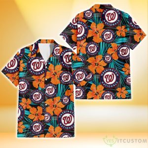 Washington Nationals Orange Hibiscus Blue Gray Leaf Black Background 3D Hawaiian Shirt Gift For Fans Product Photo 1