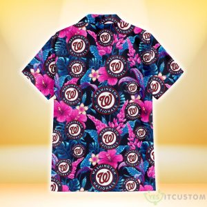 Washington Nationals Violet Red Hibiscus Blue Leaf Black Background 3D Hawaiian Shirt Gift For Fans Product Photo 3