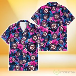 Washington Nationals Violet Red Hibiscus Blue Leaf Black Background 3D Hawaiian Shirt Gift For Fans Product Photo 1