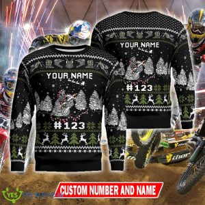 Xmas Motocross rider Knitted Race Black Christmas Sweater Custom Number And Name - Xmas Motocross rider Ugly Christmas Sweater Photo 1