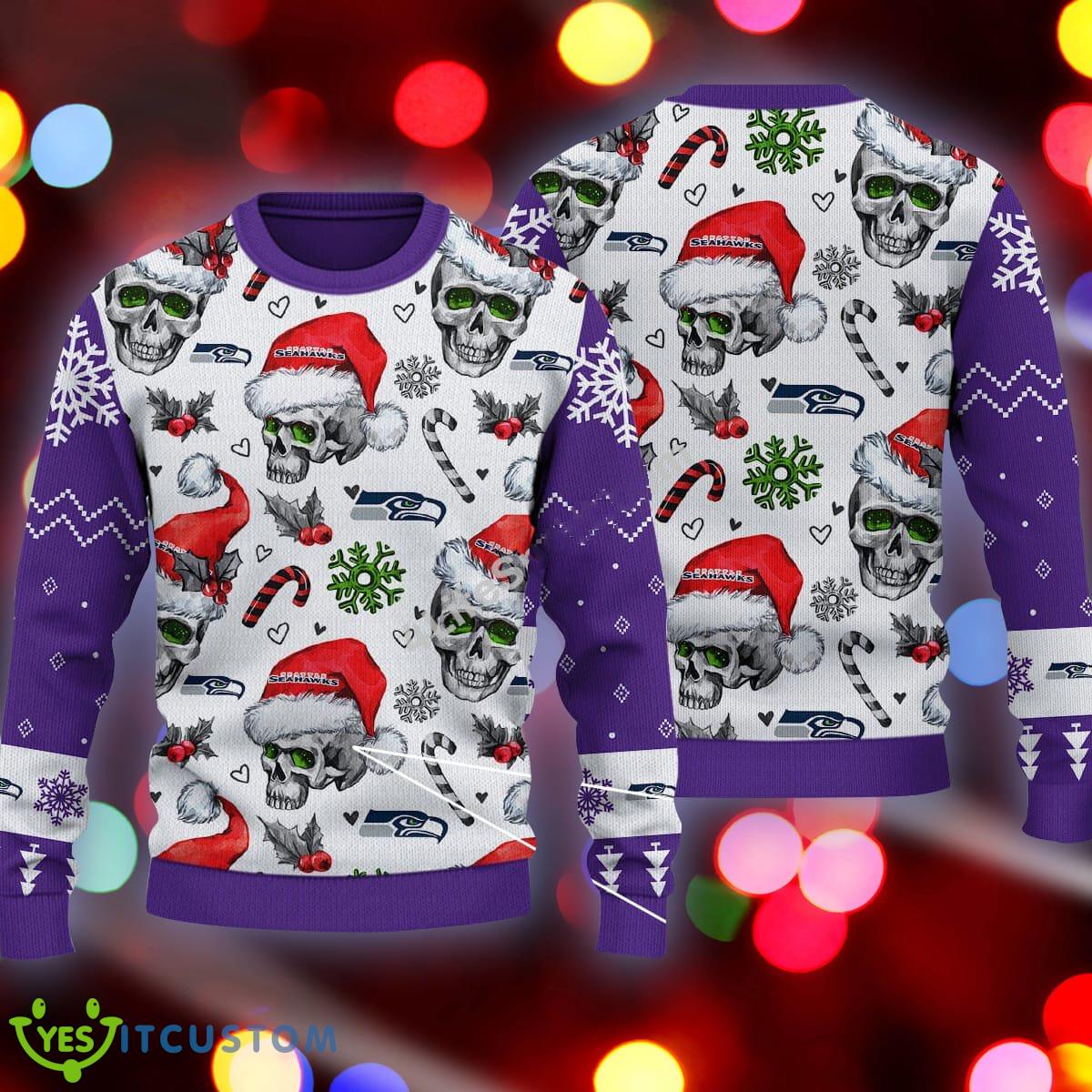 Xmas Seattle Seahawks Skull Candy Cane Purple Ugly Sweater 3 Xmas Seattle Seahawks Skull Candy Cane Purple Ugly Sweater - Xmas Seattle Seahawks Skull Pattern Candy Cane Purple Ugly Sweater