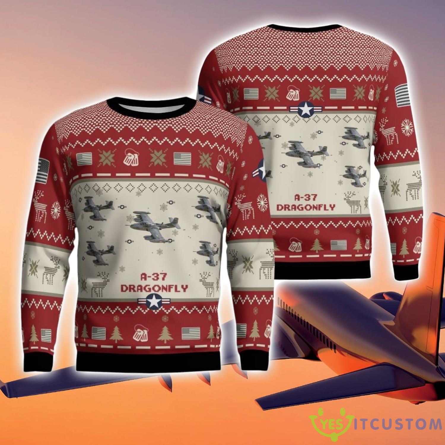 A-37 Dragonfly A37 Aircraft AOP Red Ugly Christmas Sweater Christmas Gift Veteran 3D Sweater 7 A-37 Dragonfly A37 Aircraft AOP Red Ugly Christmas Sweater Christmas Gift Veteran 3D Sweater Product Photo 1