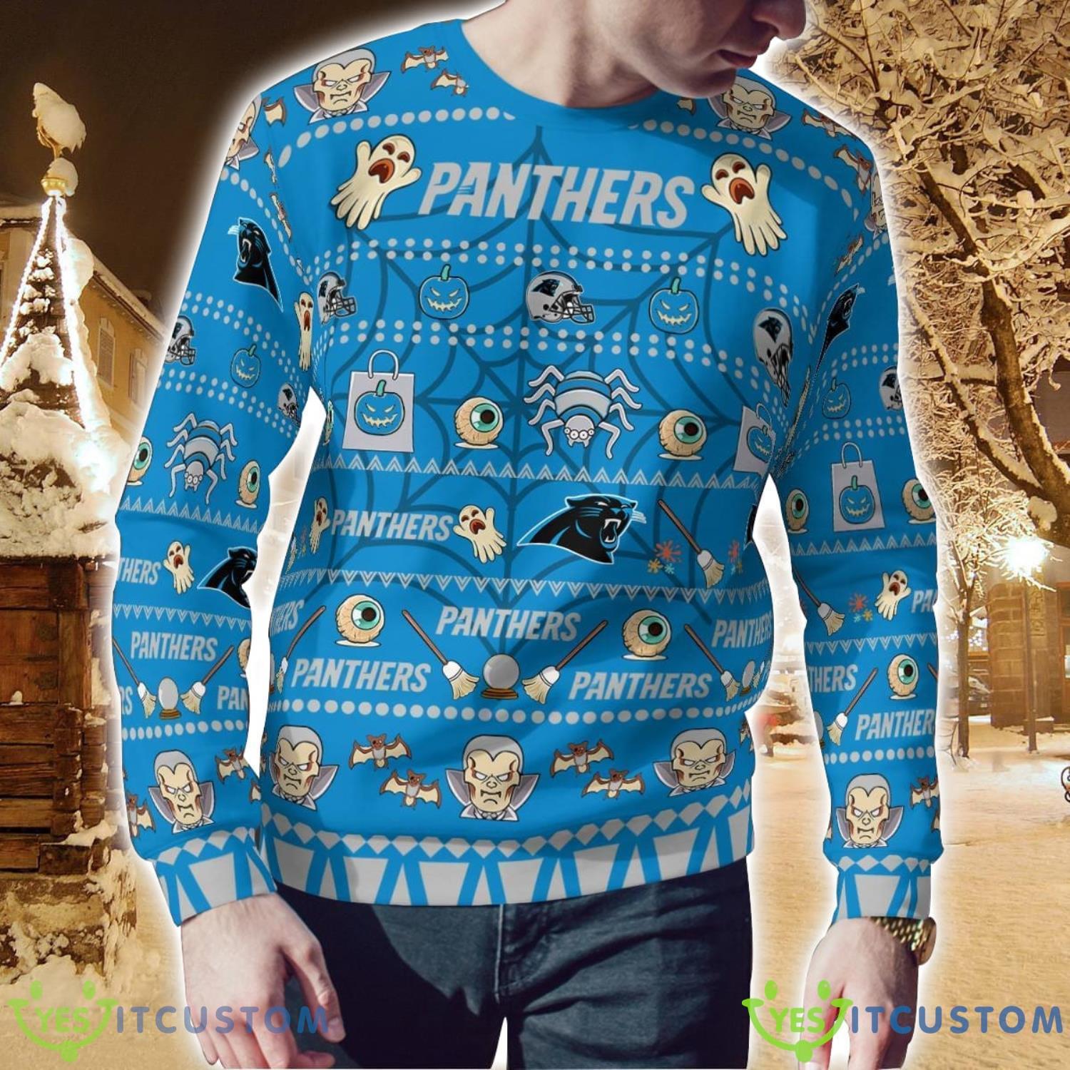 Carolina Panthers Pumpkin Halloween Spooky Ghost Pattern Funny 3D Sweater Ugly Christmas Sweater Men And Women Gift 6 Carolina Panthers Pumpkin Halloween Spooky Ghost Pattern Funny 3D Sweater Ugly Christmas Sweater Men And Women Gift Product Photo 2
