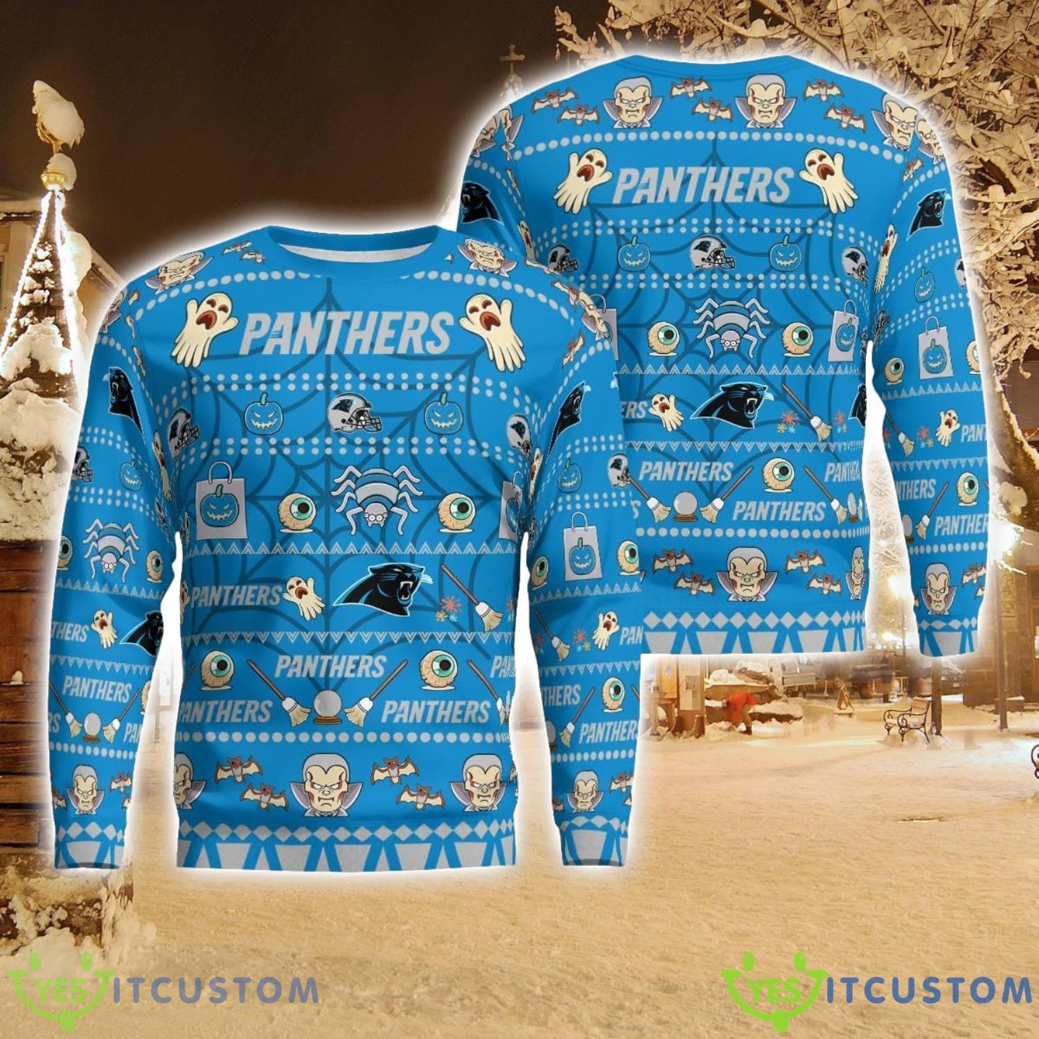 Carolina Panthers Pumpkin Halloween Spooky Ghost Pattern Funny 3D Sweater Ugly Christmas Sweater Men And Women Gift 5 Carolina Panthers Pumpkin Halloween Spooky Ghost Pattern Funny 3D Sweater Ugly Christmas Sweater Men And Women Gift Product Photo 1