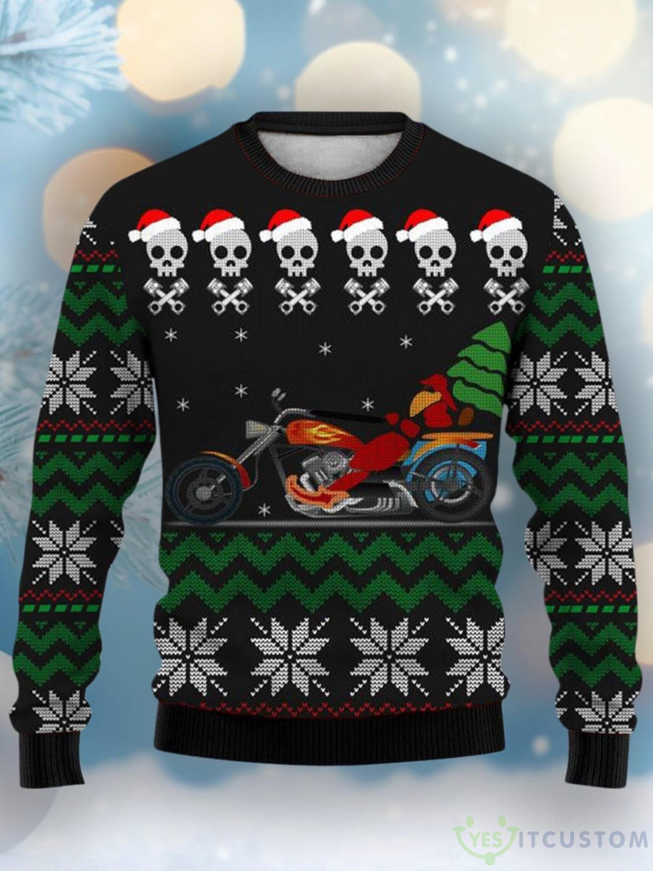 Christmas Skull Biker Print Crew Neck Ugly Sweater 3 Christmas Skull Biker Print Crew Neck Ugly Sweater Product Photo 1