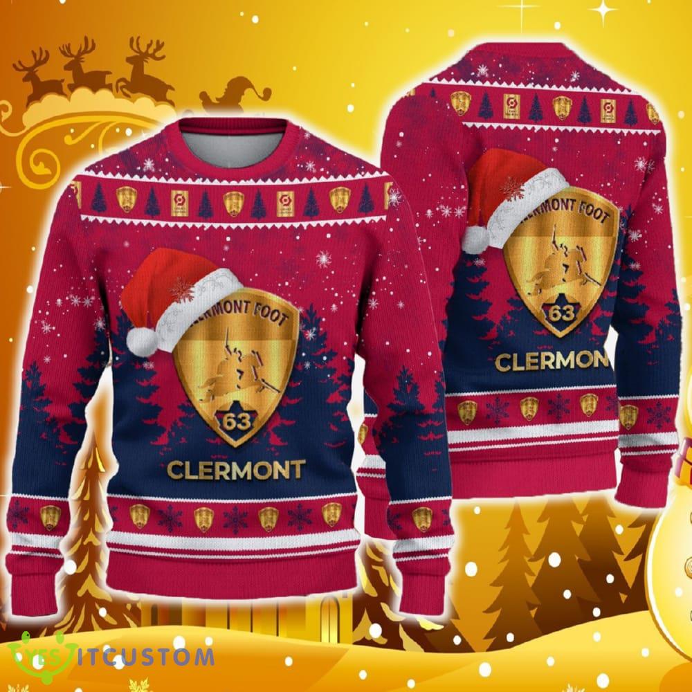Clermont Foot Auvergne 63 Ugly Christmas Sweater Logo Santa Hat 3D Ugly Christmas Sweater Gift For Fans 3 Clermont Foot Auvergne 63 Ugly Christmas Sweater Logo Santa Hat 3D Ugly Christmas Sweater Gift For Fans - Clermont Foot Auvergne 63 Ugly Christmas Sweater Logo Santa Hat 3D Ugly Christmas Sweater Gift For Fans