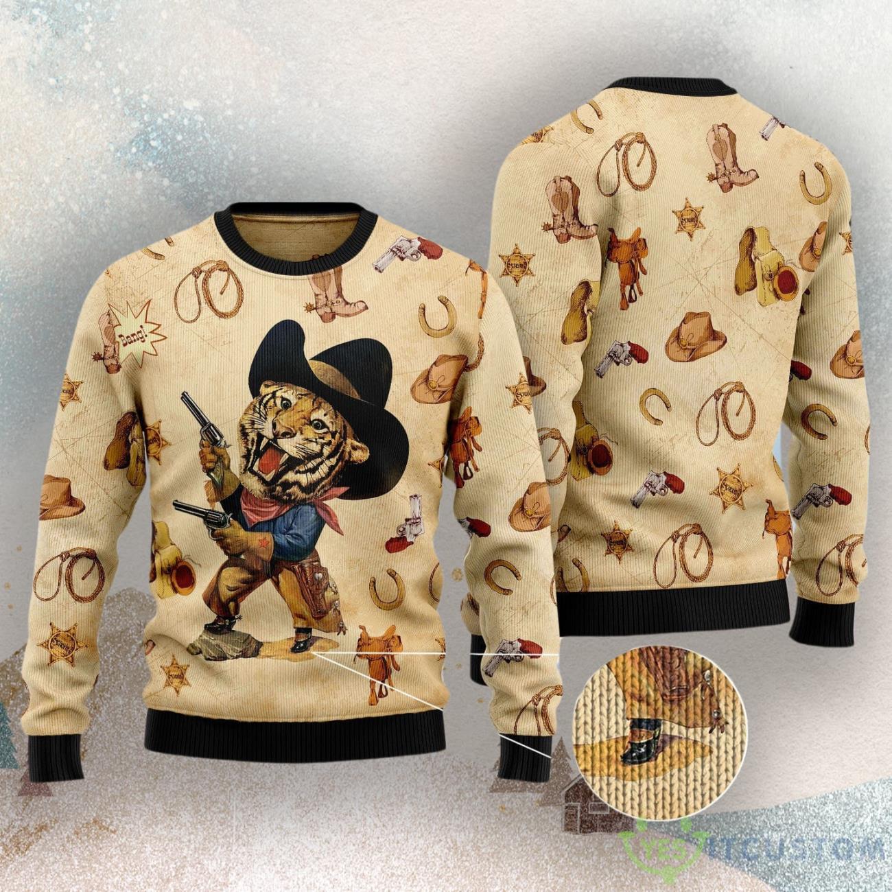 Cowboy Tiger Ugly Christmas Sweater 3 Cowboy Tiger Ugly Christmas Sweater Product Photo 3